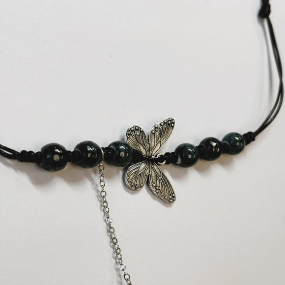 Dark Green Bead Silver Butterfly Pendant Charm Pray Vintage Necklace - Picture 14 of 16
